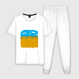 Мужская пижама хлопок с принтом Украина в колосьях в Белгороде, 100% хлопок | брюки и футболка прямого кроя, без карманов, на брюках мягкая резинка на поясе и по низу штанин
 | жёлтый | колосья | небо | облака | пиксельный | поле | синий
