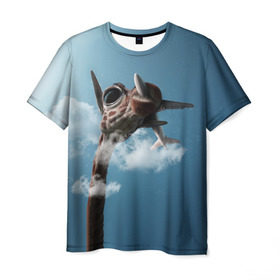 Мужская футболка 3D с принтом Жираф и самолет в Белгороде, 100% полиэфир | прямой крой, круглый вырез горловины, длина до линии бедер | Тематика изображения на принте: животные | жираф | небо | облака | природа | самолет | солнце | юмор