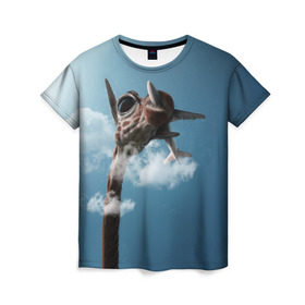Женская футболка 3D с принтом Жираф и самолет в Белгороде, 100% полиэфир ( синтетическое хлопкоподобное полотно) | прямой крой, круглый вырез горловины, длина до линии бедер | животные | жираф | небо | облака | природа | самолет | солнце | юмор