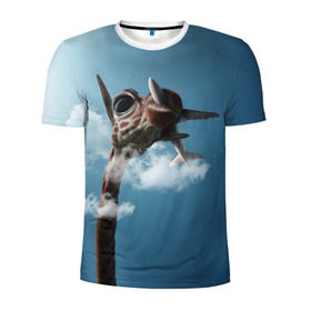 Мужская футболка 3D спортивная с принтом Жираф и самолет в Белгороде, 100% полиэстер с улучшенными характеристиками | приталенный силуэт, круглая горловина, широкие плечи, сужается к линии бедра | Тематика изображения на принте: животные | жираф | небо | облака | природа | самолет | солнце | юмор