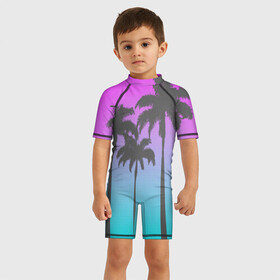 Детский купальный костюм 3D с принтом Пальмы 80s в Белгороде, Полиэстер 85%, Спандекс 15% | застежка на молнии на спине | 80s | neon | retro | гавайи | пальмы