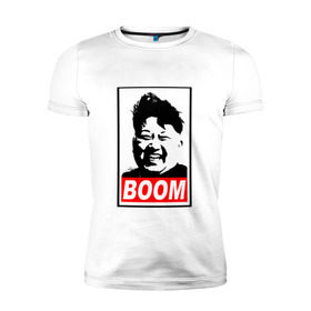 Мужская футболка премиум с принтом BOOM КИМ ЧЕН ЫН в Белгороде, 92% хлопок, 8% лайкра | приталенный силуэт, круглый вырез ворота, длина до линии бедра, короткий рукав | boom | kim chen eun | mems | ким чен ын | кнр | мемы | северная корея | ядерные ракеты