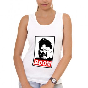 Женская майка хлопок с принтом BOOM КИМ ЧЕН ЫН в Белгороде, 95% хлопок, 5% эластан |  | boom | kim chen eun | mems | ким чен ын | кнр | мемы | северная корея | ядерные ракеты