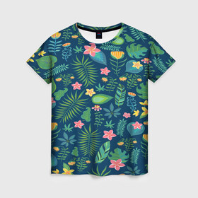 Женская футболка 3D с принтом Тропики в Белгороде, 100% полиэфир ( синтетическое хлопкоподобное полотно) | прямой крой, круглый вырез горловины, длина до линии бедер | jungle | деревья | джунгли | зелень | кусты | лес | мох | океан | пальмы | пляж | тропики | экзотика
