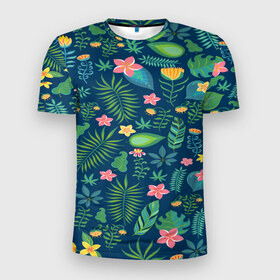 Мужская футболка 3D спортивная с принтом Тропики в Белгороде, 100% полиэстер с улучшенными характеристиками | приталенный силуэт, круглая горловина, широкие плечи, сужается к линии бедра | jungle | деревья | джунгли | зелень | кусты | лес | мох | океан | пальмы | пляж | тропики | экзотика