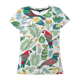 Женская футболка 3D с принтом Попугаи в Белгороде, 100% полиэфир ( синтетическое хлопкоподобное полотно) | прямой крой, круглый вырез горловины, длина до линии бедер | jungle | деревья | джунгли | зелень | кусты | лес | мох | океан | пальмы | пляж | тропики | экзотика