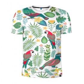 Мужская футболка 3D спортивная с принтом Попугаи в Белгороде, 100% полиэстер с улучшенными характеристиками | приталенный силуэт, круглая горловина, широкие плечи, сужается к линии бедра | jungle | деревья | джунгли | зелень | кусты | лес | мох | океан | пальмы | пляж | тропики | экзотика