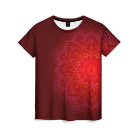 Женская футболка 3D с принтом Красная мандала в Белгороде, 100% полиэфир ( синтетическое хлопкоподобное полотно) | прямой крой, круглый вырез горловины, длина до линии бедер | символ | узор | цветок