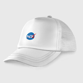 Детская кепка тракер с принтом NASA N7 MASS EFFECT в Белгороде, Козырек - 100% хлопок. Кепка - 100% полиэстер, Задняя часть - сетка | универсальный размер, пластиковая застёжка | Тематика изображения на принте: logo | n7 | nasa | space | логотип | масс эффект | н7 | наса