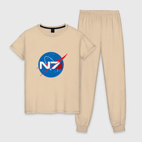 Женская пижама хлопок с принтом NASA N7 MASS EFFECT в Белгороде, 100% хлопок | брюки и футболка прямого кроя, без карманов, на брюках мягкая резинка на поясе и по низу штанин | logo | n7 | nasa | space | логотип | масс эффект | н7 | наса