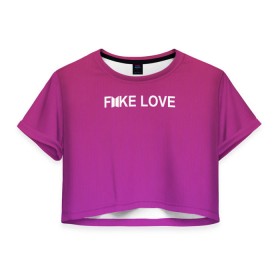 Женская футболка 3D укороченная с принтом BTS FAKE LOVE в Белгороде, 100% полиэстер | круглая горловина, длина футболки до линии талии, рукава с отворотами | bts | bts army | j hope | jimin | jin | jungkook | k pop | rap monster | rapmon | suga | v | бтс | группа | корея