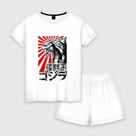 Женская пижама с шортиками хлопок с принтом GODZILLA POSTER в Белгороде, 100% хлопок | футболка прямого кроя, шорты свободные с широкой мягкой резинкой | comic con | godzilla | gojira | logo | годзилла | знаки | иероглифы | лого | монстр | фильм | чудовище