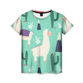 Женская футболка 3D с принтом Альпаки в Белгороде, 100% полиэфир ( синтетическое хлопкоподобное полотно) | прямой крой, круглый вырез горловины, длина до линии бедер | зеленый | лама | паттерн