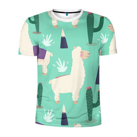 Мужская футболка 3D спортивная с принтом Альпаки в Белгороде, 100% полиэстер с улучшенными характеристиками | приталенный силуэт, круглая горловина, широкие плечи, сужается к линии бедра | Тематика изображения на принте: зеленый | лама | паттерн