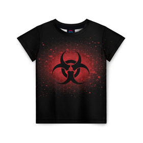 Детская футболка 3D с принтом Biohazard в Белгороде, 100% гипоаллергенный полиэфир | прямой крой, круглый вырез горловины, длина до линии бедер, чуть спущенное плечо, ткань немного тянется | Тематика изображения на принте: biohazard | plague inc | биологическая опасность | знак