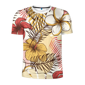 Мужская футболка 3D спортивная с принтом Тропики в Белгороде, 100% полиэстер с улучшенными характеристиками | приталенный силуэт, круглая горловина, широкие плечи, сужается к линии бедра | джунгли | паттерн | растения | цветы