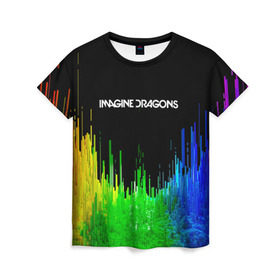 Женская футболка 3D с принтом IMAGINE DRAGONS в Белгороде, 100% полиэфир ( синтетическое хлопкоподобное полотно) | прямой крой, круглый вырез горловины, длина до линии бедер | color | imagine dragons | logo | stripes | trend | абстракция | группа | линии | лого | рок | рэп | фирменные цвета