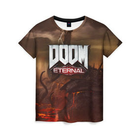 Женская футболка 3D с принтом DOOM Eternal в Белгороде, 100% полиэфир ( синтетическое хлопкоподобное полотно) | прямой крой, круглый вырез горловины, длина до линии бедер | doom | doomguy | slayer | вечный | дум | думгай | палач рока
