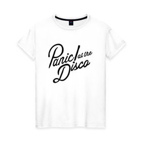 Женская футболка хлопок с принтом Panic at the disco logo в Белгороде, 100% хлопок | прямой крой, круглый вырез горловины, длина до линии бедер, слегка спущенное плечо | Тематика изображения на принте: brendon urie | patd | spencer smith | tyan ross