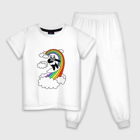 Детская пижама хлопок с принтом ПАНДА НА РАДУГЕ в Белгороде, 100% хлопок |  брюки и футболка прямого кроя, без карманов, на брюках мягкая резинка на поясе и по низу штанин
 | Тематика изображения на принте: cloud | mem | panda | rainbow | serfing | мем | облака | панда | радуга | серфинг | юмор