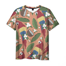 Мужская футболка 3D с принтом Попугайчики в Белгороде, 100% полиэфир | прямой крой, круглый вырез горловины, длина до линии бедер | джунгли | жара | кокосы | лето | отпуск | попугайчики | птицы | путушествия | цветы