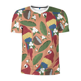 Мужская футболка 3D спортивная с принтом Попугайчики в Белгороде, 100% полиэстер с улучшенными характеристиками | приталенный силуэт, круглая горловина, широкие плечи, сужается к линии бедра | джунгли | жара | кокосы | лето | отпуск | попугайчики | птицы | путушествия | цветы