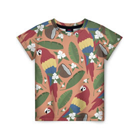 Детская футболка 3D с принтом Попугайчики в Белгороде, 100% гипоаллергенный полиэфир | прямой крой, круглый вырез горловины, длина до линии бедер, чуть спущенное плечо, ткань немного тянется | Тематика изображения на принте: джунгли | жара | кокосы | лето | отпуск | попугайчики | птицы | путушествия | цветы