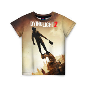 Детская футболка 3D с принтом Dying Light 2 в Белгороде, 100% гипоаллергенный полиэфир | прямой крой, круглый вырез горловины, длина до линии бедер, чуть спущенное плечо, ткань немного тянется | action | city | dying light | game | postapocalypse | sky | zombie | город | игра | персонаж | постапокалипсис