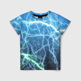 Детская футболка 3D с принтом РАЗРЯДЫ МОЛНИЙ в Белгороде, 100% гипоаллергенный полиэфир | прямой крой, круглый вырез горловины, длина до линии бедер, чуть спущенное плечо, ткань немного тянется | blue | epic | green | lightning | rain | storm | stripes | texture | thunder | гроза | гром | дождь | зеленый | линии | молнии | молния | пафосные | полосы | разряды | синий | текстура | шторм | эпичные | яркие