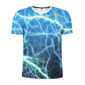 Мужская футболка 3D спортивная с принтом РАЗРЯДЫ МОЛНИЙ в Белгороде, 100% полиэстер с улучшенными характеристиками | приталенный силуэт, круглая горловина, широкие плечи, сужается к линии бедра | blue | epic | green | lightning | rain | storm | stripes | texture | thunder | гроза | гром | дождь | зеленый | линии | молнии | молния | пафосные | полосы | разряды | синий | текстура | шторм | эпичные | яркие