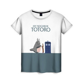 Женская футболка 3D с принтом Мой сосед Тоторо в Белгороде, 100% полиэфир ( синтетическое хлопкоподобное полотно) | прямой крой, круглый вырез горловины, длина до линии бедер | 10 доктор | doctor who | my neighbor totoro | tardis | totoro | десятый доктор | доктор кто | тардис | тоторо