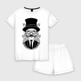 Женская пижама с шортиками хлопок с принтом Steampunk Man в Белгороде, 100% хлопок | футболка прямого кроя, шорты свободные с широкой мягкой резинкой | man | steampunk | мужчина | очки | стимпанк | шляпа