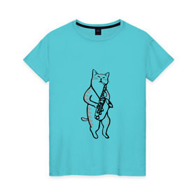 Женская футболка хлопок с принтом Кот Саксофонист в Белгороде, 100% хлопок | прямой крой, круглый вырез горловины, длина до линии бедер, слегка спущенное плечо | cat | арт | животные | инструмент | кот | кошка | музыка | саксофон | саксофонист
