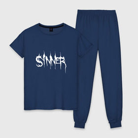 Женская пижама хлопок с принтом Sinner в Белгороде, 100% хлопок | брюки и футболка прямого кроя, без карманов, на брюках мягкая резинка на поясе и по низу штанин | 