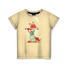 Детская футболка 3D с принтом Лисичка с флейтой в Белгороде, 100% гипоаллергенный полиэфир | прямой крой, круглый вырез горловины, длина до линии бедер, чуть спущенное плечо, ткань немного тянется | Тематика изображения на принте: флейта | флейтист