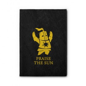 Обложка для автодокументов с принтом PRAISE THE SUN в Белгороде, натуральная кожа |  размер 19,9*13 см; внутри 4 больших “конверта” для документов и один маленький отдел — туда идеально встанут права | Тематика изображения на принте: dark souls | game | gamer | knight | play | player | praise the sun | дарк соулс | доспехи | игры | надпись | рыцарь | темные души