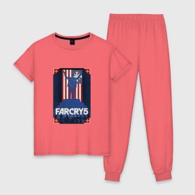 Женская пижама хлопок с принтом Far Cry 5 в Белгороде, 100% хлопок | брюки и футболка прямого кроя, без карманов, на брюках мягкая резинка на поясе и по низу штанин | 