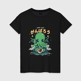 Женская футболка хлопок с принтом Ктулху в Белгороде, 100% хлопок | прямой крой, круглый вырез горловины, длина до линии бедер, слегка спущенное плечо | octopus | ктулху | лавкрафт | осьминог