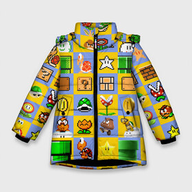 Зимняя куртка для девочек 3D с принтом Super Mario Pop art в Белгороде, ткань верха — 100% полиэстер; подклад — 100% полиэстер, утеплитель — 100% полиэстер. | длина ниже бедра, удлиненная спинка, воротник стойка и отстегивающийся капюшон. Есть боковые карманы с листочкой на кнопках, утяжки по низу изделия и внутренний карман на молнии. 

Предусмотрены светоотражающий принт на спинке, радужный светоотражающий элемент на пуллере молнии и на резинке для утяжки. | Тематика изображения на принте: bros | donkey kong | mario | super | игра | марио | офф | спин | супер | тоад