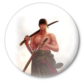 Значок с принтом One Piece - Zoro в Белгороде,  металл | круглая форма, металлическая застежка в виде булавки | большой | ван | воин | катана | куш | меч | пираты | пис | самурай