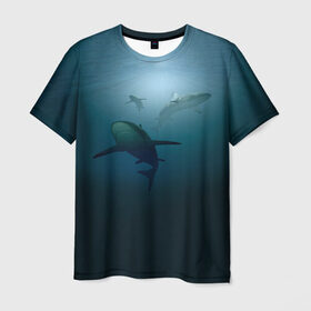 Мужская футболка 3D с принтом Акулы в Белгороде, 100% полиэфир | прямой крой, круглый вырез горловины, длина до линии бедер | море | океан | подводный мир | рыба | хищник