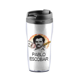 Термокружка-непроливайка с принтом Pablo Escobar в Белгороде, внутренняя часть — пищевой пластик, наружная часть — прозрачный пластик, между ними — полиграфическая вставка с рисунком | объем — 350 мл, герметичная крышка | escobar | loving pablo | эскобар