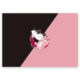 Поздравительная открытка с принтом MONOKUMA X MONOMI в Белгороде, 100% бумага | плотность бумаги 280 г/м2, матовая, на обратной стороне линовка и место для марки
 | anime | bear | black  white | danganronpa | kurokuma | monodam | monokuma | monomi | monotaro | pink | rabbit | school | shirokuma | аниме | главарь | мoноми | монокума | черно белый | школа