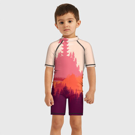 Детский купальный костюм 3D с принтом Firewatch в Белгороде, Полиэстер 85%, Спандекс 15% | застежка на молнии на спине | campo santo | firewatch | арт | вечер | вид | горы | закат | игра | лес | озеро | олень | пейзаж | пожарный дозор | солнце | холмы