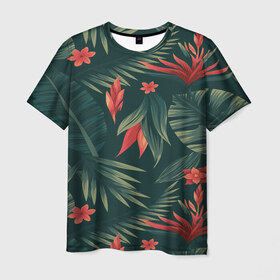 Мужская футболка 3D с принтом Тропики в Белгороде, 100% полиэфир | прямой крой, круглый вырез горловины, длина до линии бедер | Тематика изображения на принте: вектор | джунгли | дизайн | зеленый | красиво | красный | лес | лето | папоротник | тропики | тропические листья