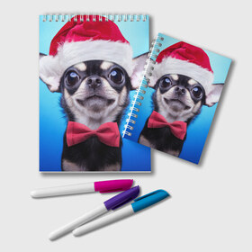 Блокнот с принтом рождество в Белгороде, 100% бумага | 48 листов, плотность листов — 60 г/м2, плотность картонной обложки — 250 г/м2. Листы скреплены удобной пружинной спиралью. Цвет линий — светло-серый
 | dog | happy new year | бантик | взгляд | глаза | новый год | пинчер | праздник | санта клаус | собака | той терьер