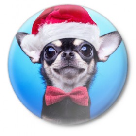 Значок с принтом рождество в Белгороде,  металл | круглая форма, металлическая застежка в виде булавки | Тематика изображения на принте: dog | happy new year | бантик | взгляд | глаза | новый год | пинчер | праздник | санта клаус | собака | той терьер