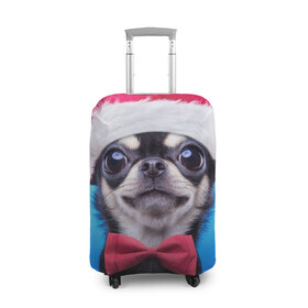 Чехол для чемодана 3D с принтом рождество в Белгороде, 86% полиэфир, 14% спандекс | двустороннее нанесение принта, прорези для ручек и колес | dog | happy new year | бантик | взгляд | глаза | новый год | пинчер | праздник | санта клаус | собака | той терьер