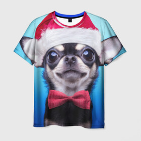 Мужская футболка 3D с принтом рождество в Белгороде, 100% полиэфир | прямой крой, круглый вырез горловины, длина до линии бедер | Тематика изображения на принте: dog | happy new year | бантик | взгляд | глаза | новый год | пинчер | праздник | санта клаус | собака | той терьер