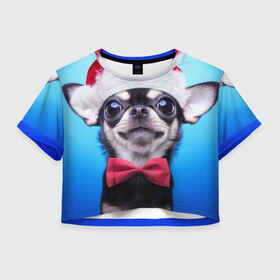 Женская футболка 3D укороченная с принтом рождество в Белгороде, 100% полиэстер | круглая горловина, длина футболки до линии талии, рукава с отворотами | dog | happy new year | бантик | взгляд | глаза | новый год | пинчер | праздник | санта клаус | собака | той терьер